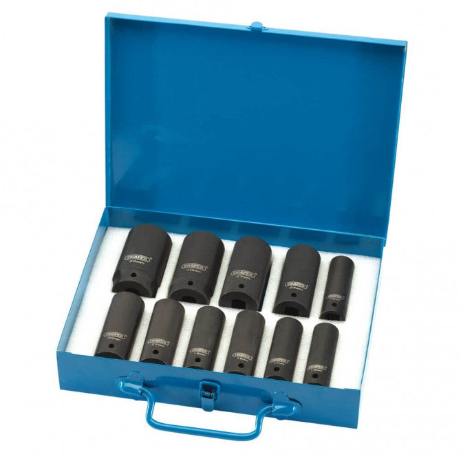 DRAPER EXPERT HI-TORQ 6 POINT METRIC DEEP IMPACT SOCKET SET, 1/2" SQ. DR. (11 PIECE)
