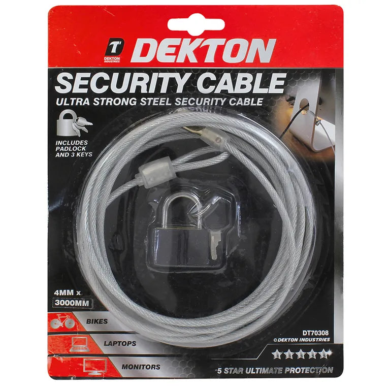 DEKTON SECURITY CABLE AND LOCK 3MM X 300MM