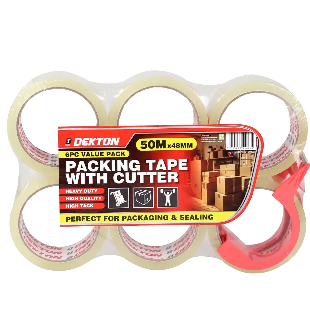 DEKTON 6PC PACKING TAPE WITH CUTTER 50M X 48MM, 45 MICRONES
