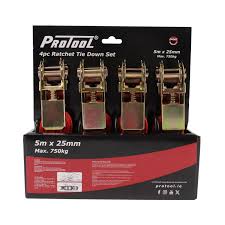 PROTOOL 4PC RACTHET TIE DOWN 5M X  25MM X 750KG
