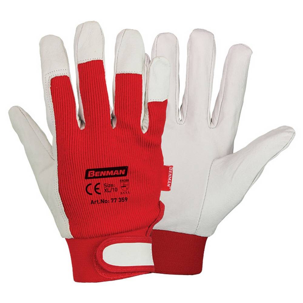 BENMAN GREY PIG SKIN LEATHER GLOVES, KEYSTONE THUMB, RED ELASTIC CUFF, VELCRO STYLE, 8''